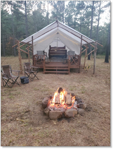 exterior picture of our glampng tent serving fourche mountain and the ouachita national forest
